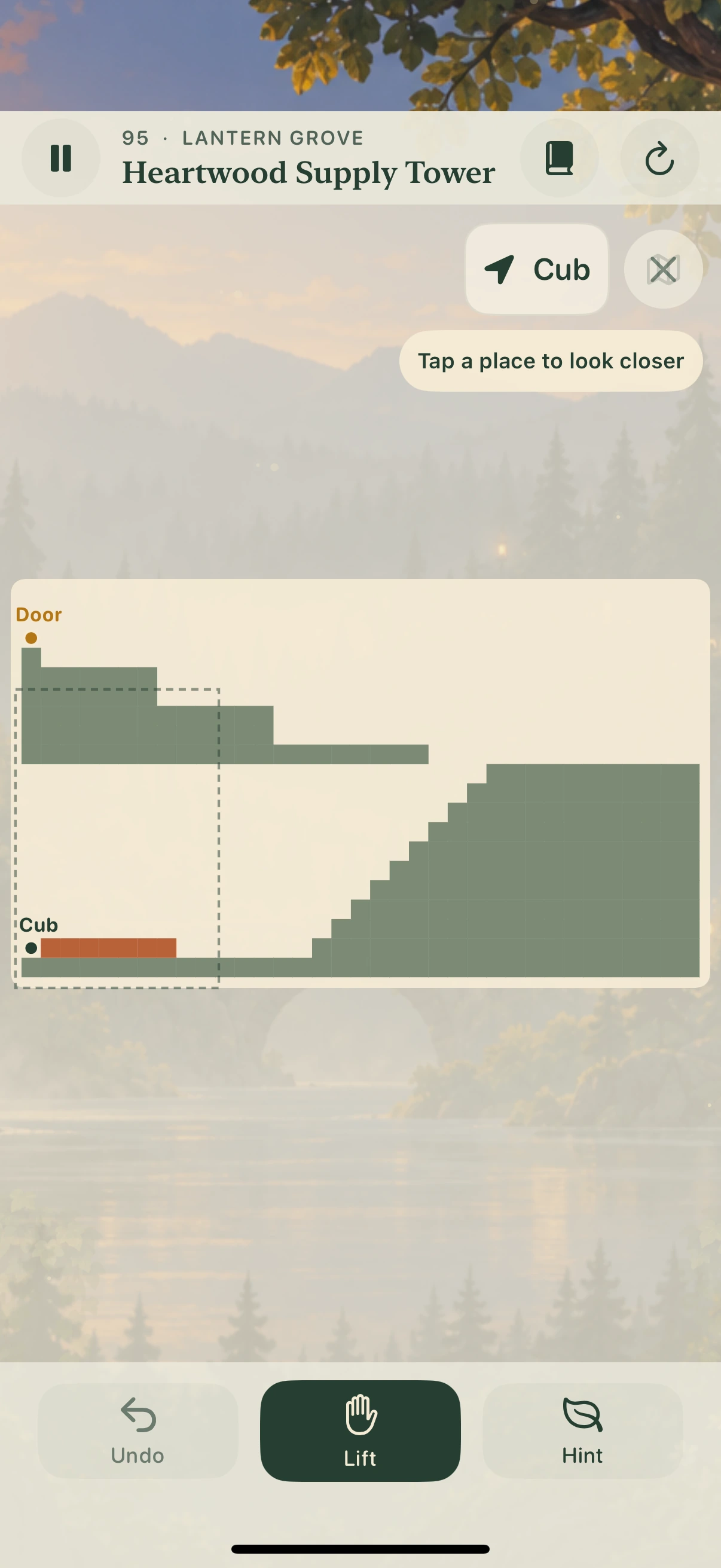 Whole-level overview showing a tall forest puzzle with routes above and below Cub.