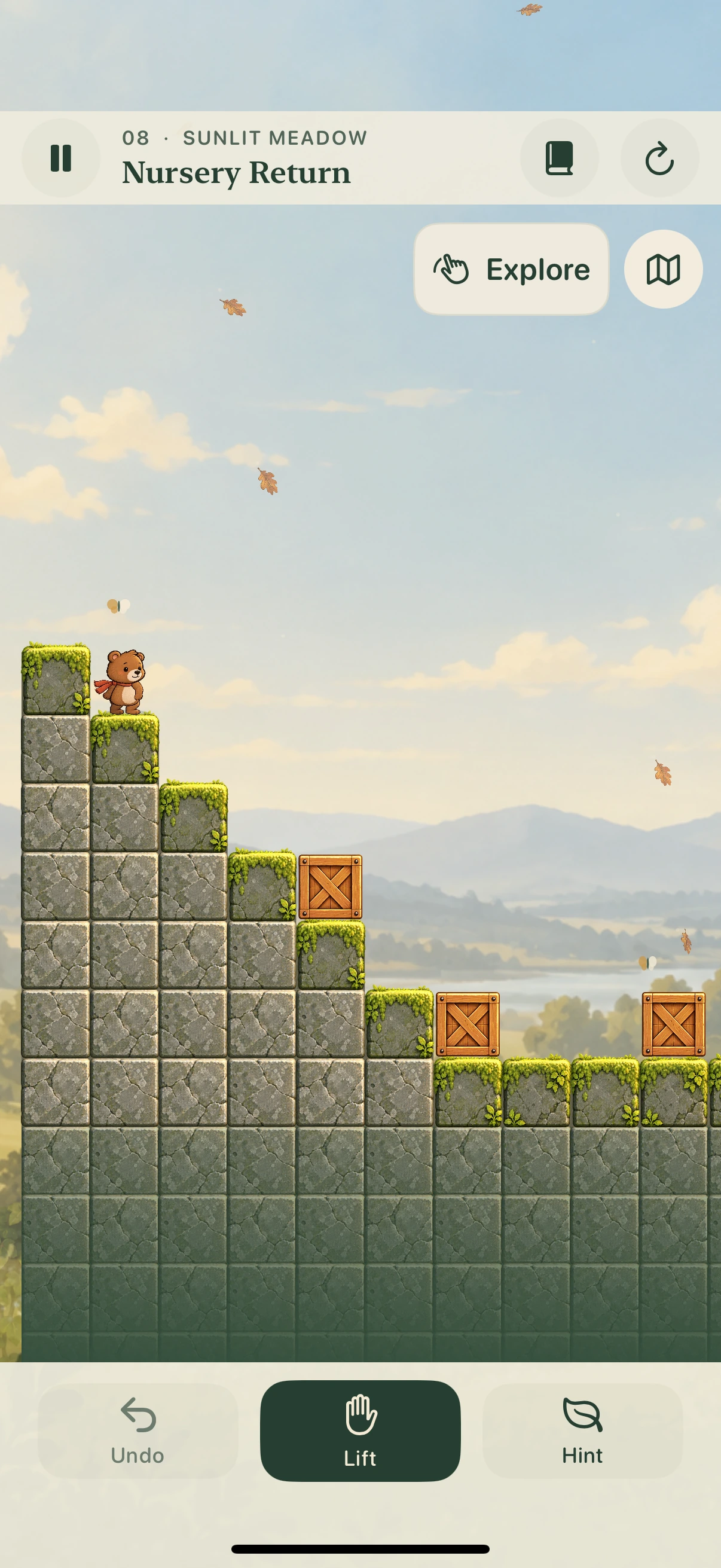 Block Cub gameplay, with a painted bear, wooden crates and moss-covered stone platforms.